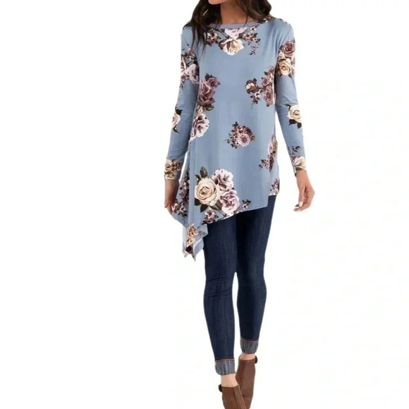 Agnes & Dora Asymmetrical Top Blue Floral Quality Material Asymmetrical Tunic - Picture 1 of 2